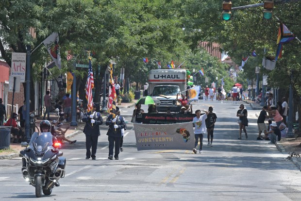 The Annapolis Juneteenth Parade makes its way up West Street Saturday afternoon. (Paul W. Gillespie/Staff photo)