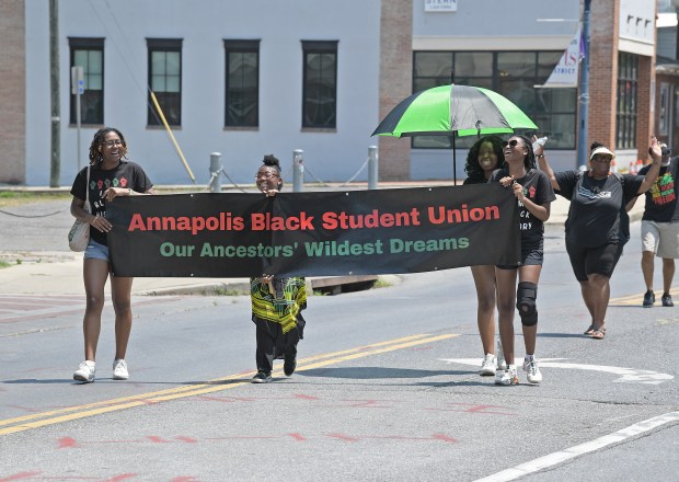 The Annapolis Black Student Union group marches in the parade. The Annapolis Juneteenth Parade makes its way up West Street Saturday afternoon. (Paul W. Gillespie/Staff photo)