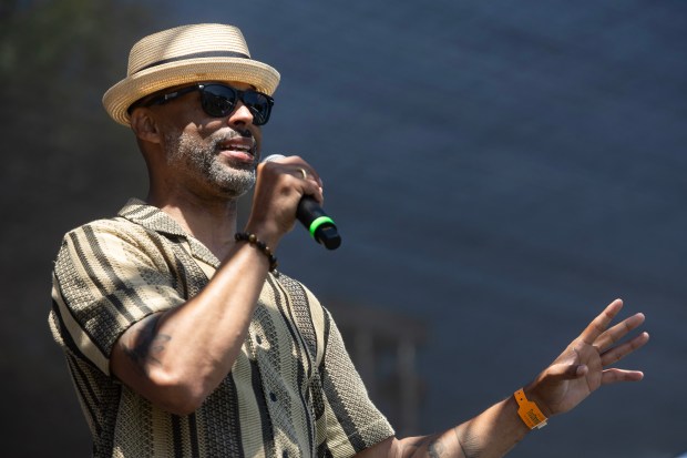 Founder, Carl Kemp speaks during Long Beach’s 4th annual Juneteenth...