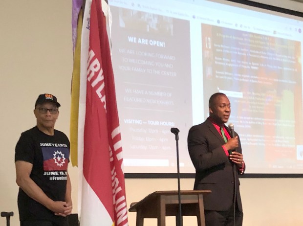 Howard County Center of African American Culture executive director Nat Alston (left) and Howard County Executive Calvin Ball (right) deliver opening remarks for the center's 30th annual Juneteenth celebration at St. John Baptist Church in Columbia.