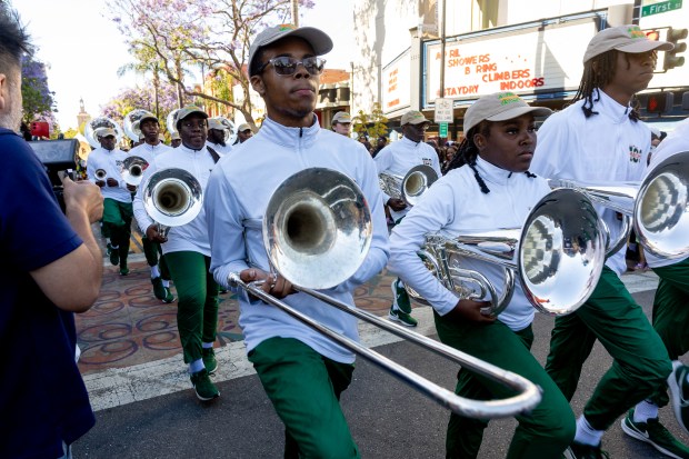 The Florida A & M University marching band performs during a battle of the bands at the Juneteenth celebration, Saturday, June 15, 2024, in the SoFa District of San Jose, Calif. (Karl Mondon/Bay Area News Group)