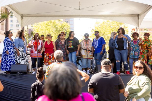 Singers from the Emmanuel Baptist Church perform during the Juneteenth celebration, Saturday, June 15, 2024, in the SoFa District of San Jose, Calif. (Karl Mondon/Bay Area News Group)