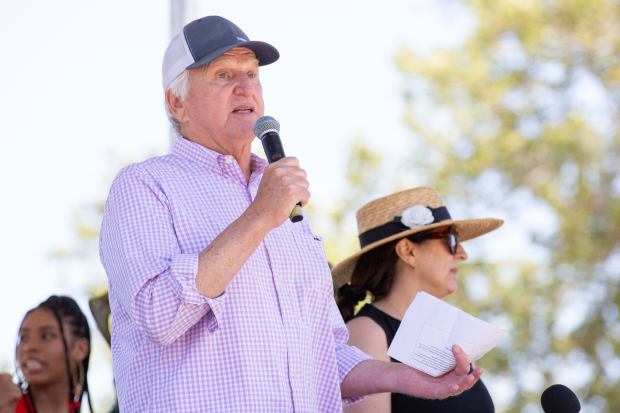 Manhattan Beach Mayor Joseph Franklin gives a speech during the...