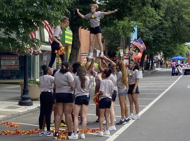 The Pottstown area cheerleaders who boosted the spirits of the basketball tournament players last year reached new heights. (Evan Brandt -- MediaNews Group)