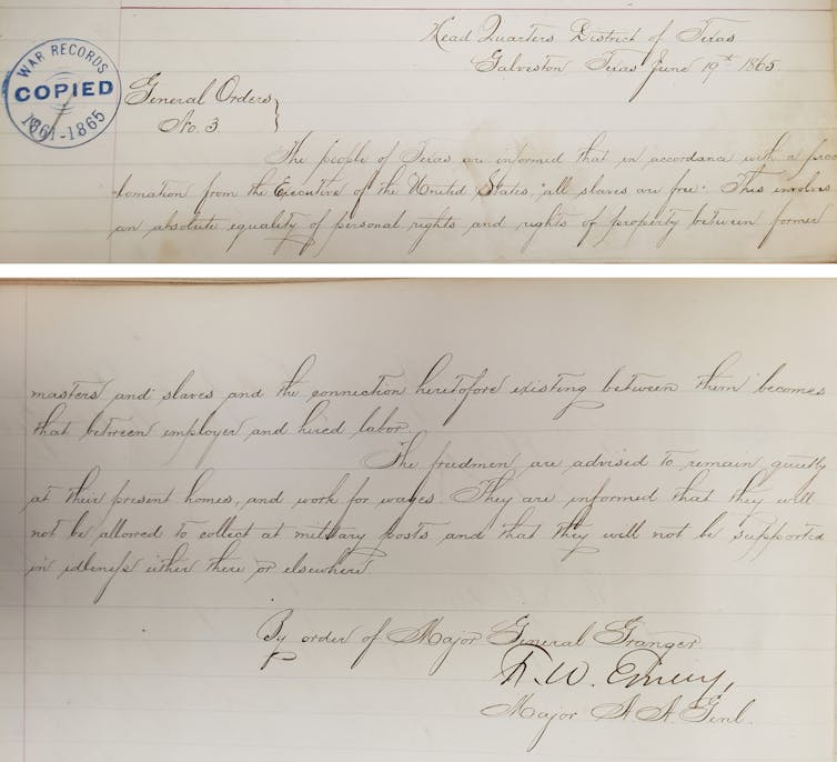An antique, official document that announces the freeing of the enslaved in Texas.